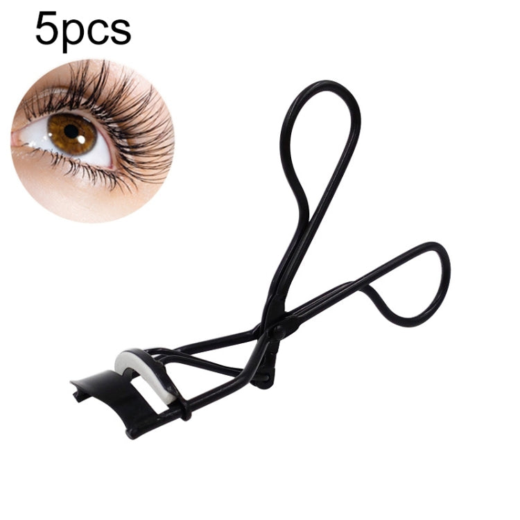 Black eyelash curler clip with handle loop and curved pad, set of 5 tools.