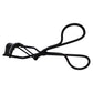 Black eyelash curler clip with long arms, circular handle loops, and curved pad base.