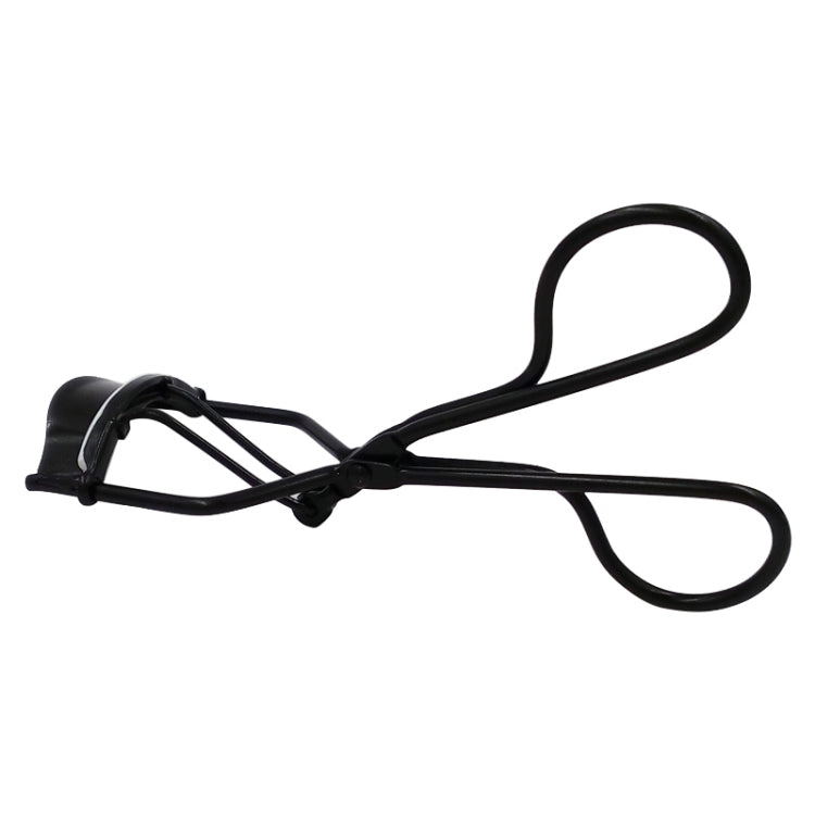 Black eyelash curler clip with long arms, circular handle loops, and curved pad base.
