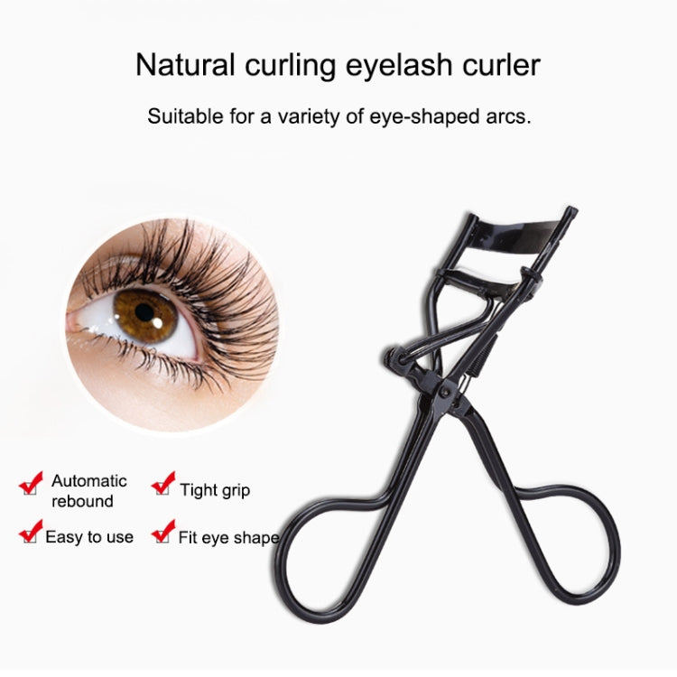 Black eyelash curler clip with angled base pads and curved handle loop, set of 5.