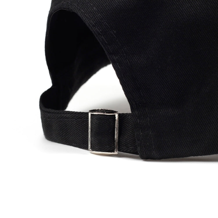 Black dad hat adjustable strap with shiny metal buckle