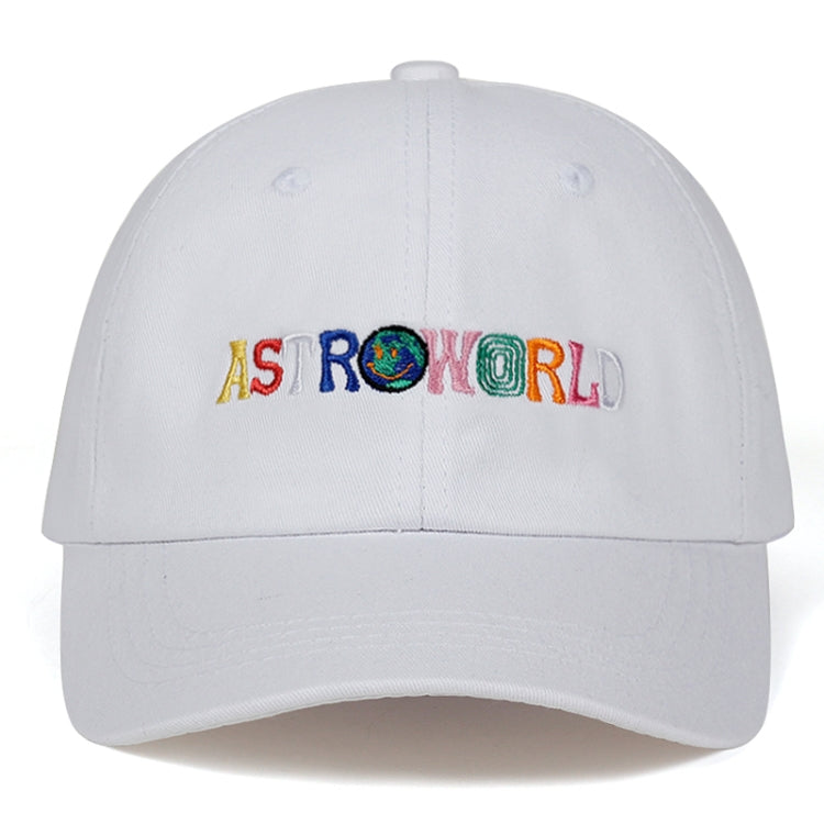 White dad hat with colorful ASTROWORLD front embroidery and curved brim