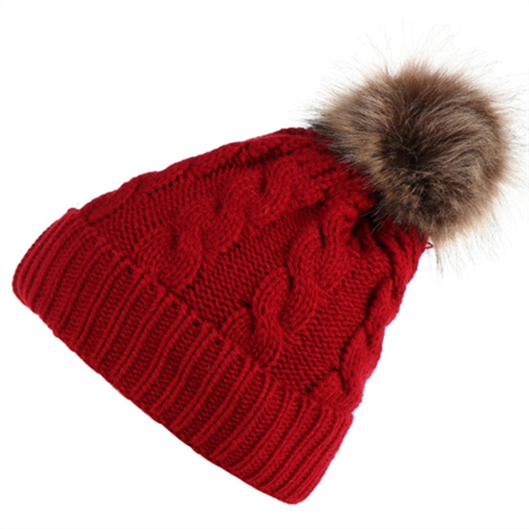 Parent-child knit beanie set in deep red with brown faux-fur pom pom on top