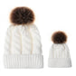 Parent-child knit beanie set in white/ivory with brown faux-fur pom pom tops