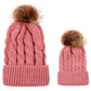 2-piece knit beanie set: pink cable-knit caps with brown faux-fur pom-poms