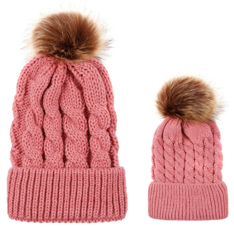 2-piece knit beanie set: pink cable-knit caps with brown faux-fur pom-poms