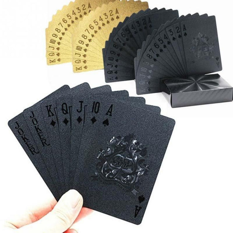 Waterproof plastic playing card set showing gold-foil cards, dark deck, and card box