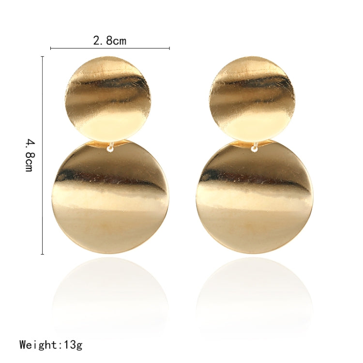 Gold-tone round drop earrings; 2.8 cm disc and 4.8 cm overall height.