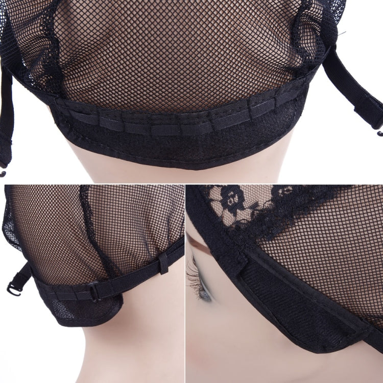 Black lace mesh hair net cap close-up: elastic band and adjustable strap