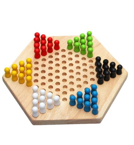 Hexagon wooden checkers board game with multicolor pegs on peg holes