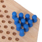 Blue checker pegs on a hexagon wooden board with circular holes