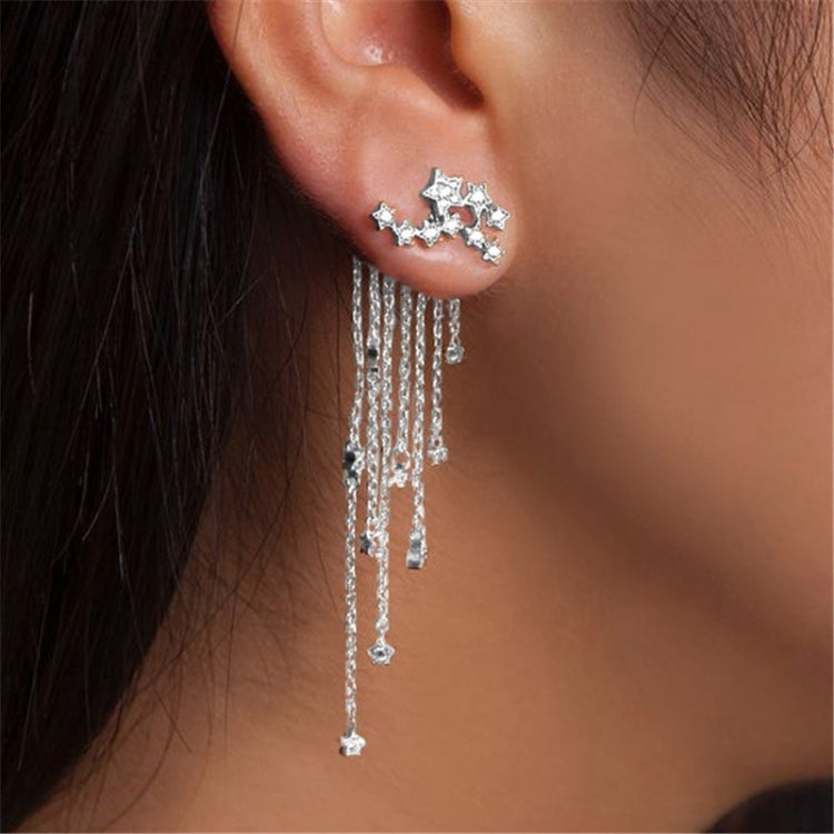 Silver star stud long crystal tassel drop earrings with sparkling chain stars