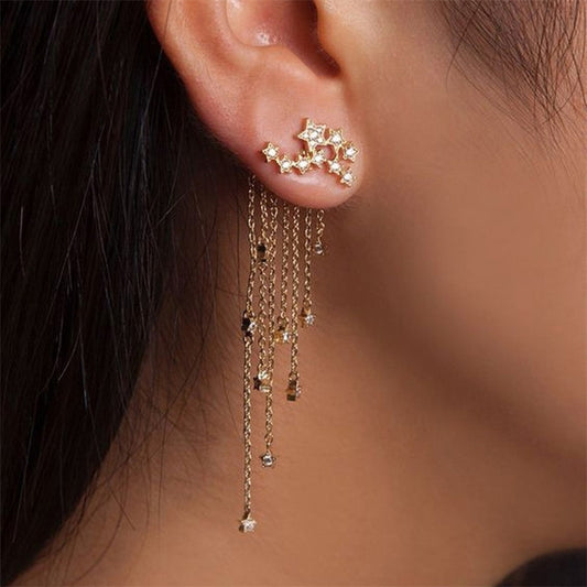 Gold star stud long crystal tassel drop earrings with dangling chain stars