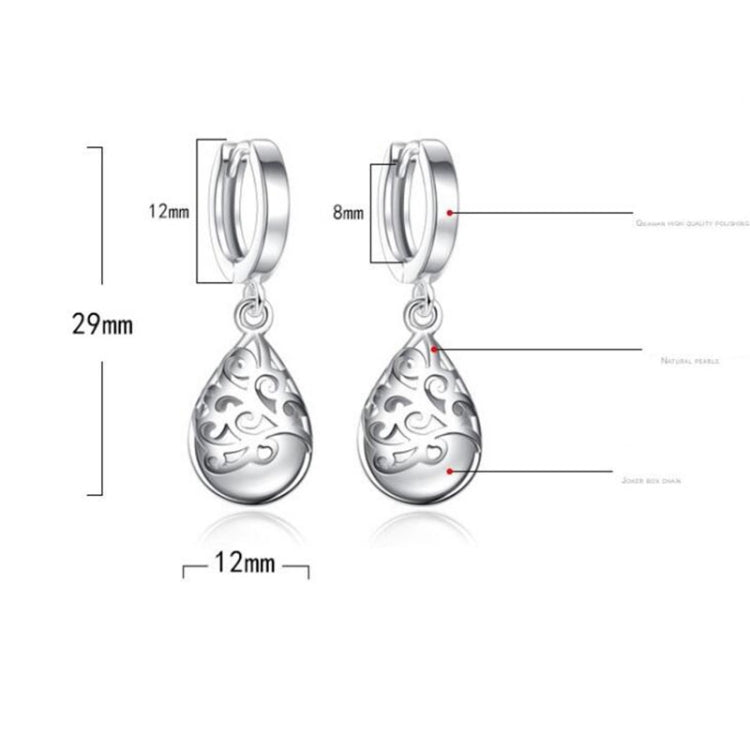 Sterling silver hoop earrings with teardrop pendant, size diagram showing 12mm and 29mm.
