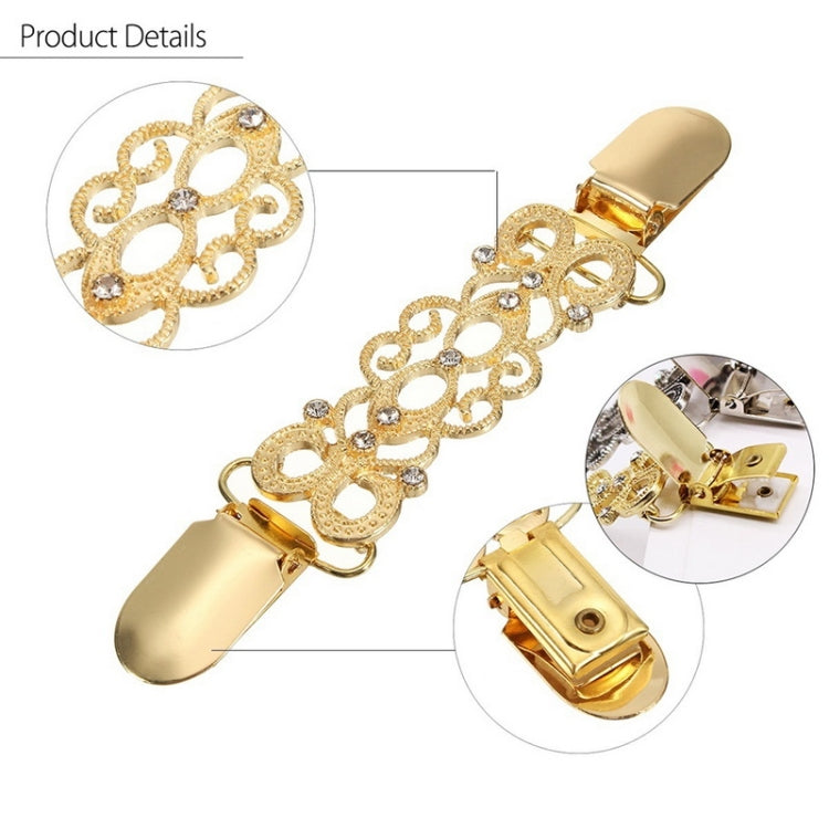 Decorative sweater collar clip set in gold finish with ornate cutout filigree