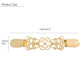 Gold cardigan shawl clip with ornate lattice filigree and rhinestone accents, size shown
