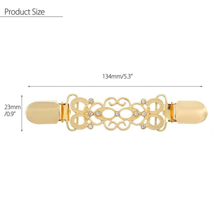 Gold cardigan shawl clip with ornate lattice filigree and rhinestone accents, size shown