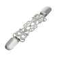 Silver-toned cardigan shawl clip with ornate filigree links and rhinestone accents