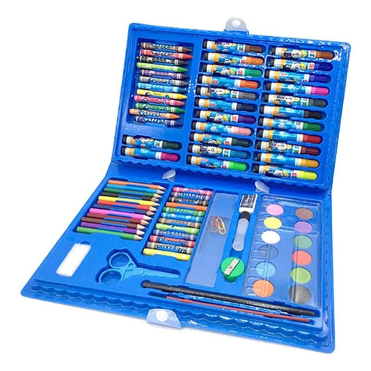 Children's art set case with blue crayons, markers, pastels, brush, and paint palette