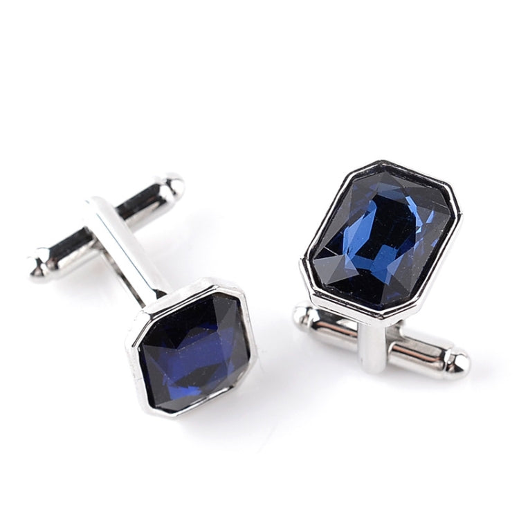 Silver-tone French cufflinks with dark blue octagon zircon stones, hinged bar backs.
