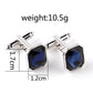 Silver-tone French cufflinks with dark blue octagon zircon stones, hinged bar backs.