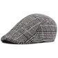 Gray flat cap with woven lattice check design and curved brim edge