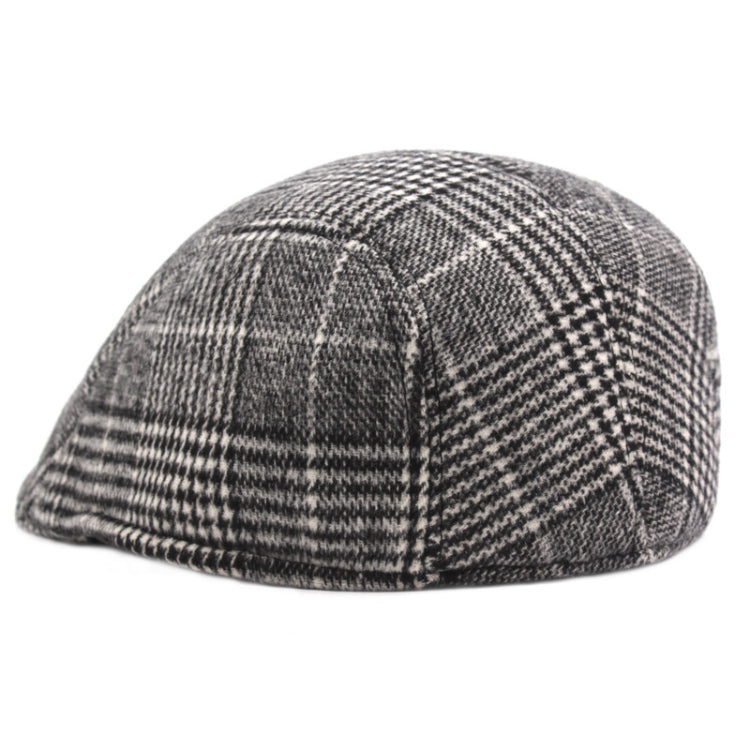 Gray flat cap with dense plaid checks and stitched seam at front center