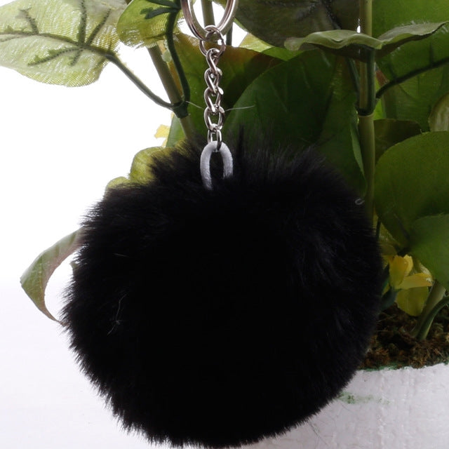 Black faux rabbit fur pompon keychain with silver chain and key ring