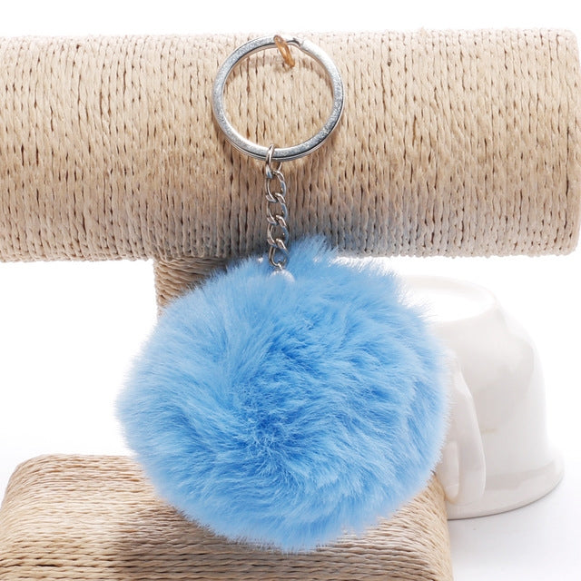 Light blue faux rabbit fur pompon keychain with silver chain and key ring