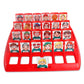 Red plastic guess board with portrait tiles and empty card holder slots