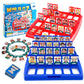 Guess board logic game set with blue base, red board, character cards, and box