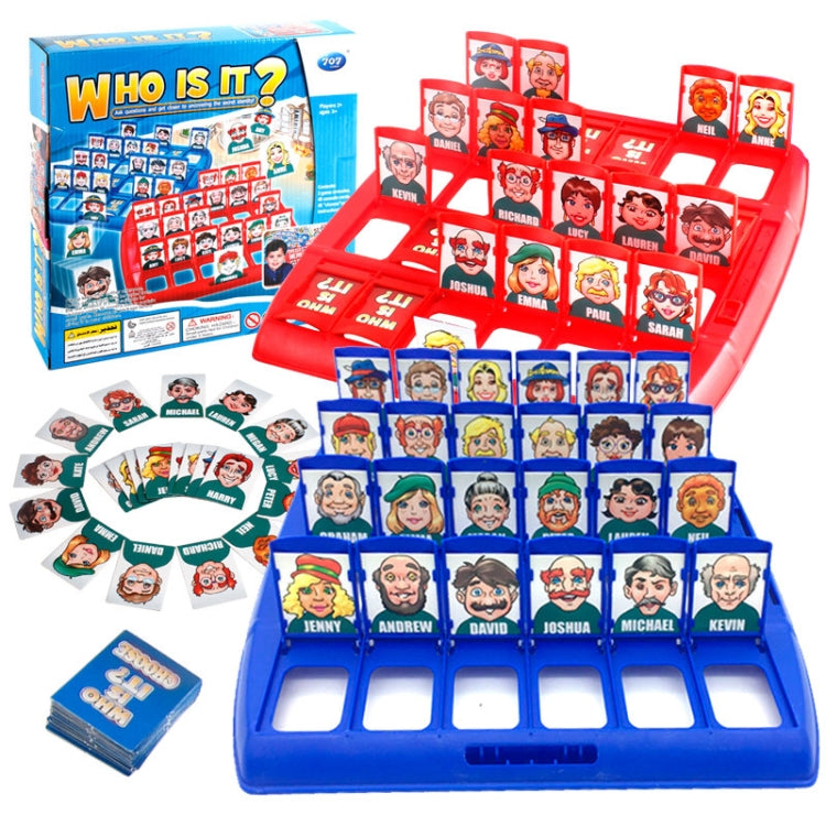 Guess board logic game set with blue base, red board, character cards, and box