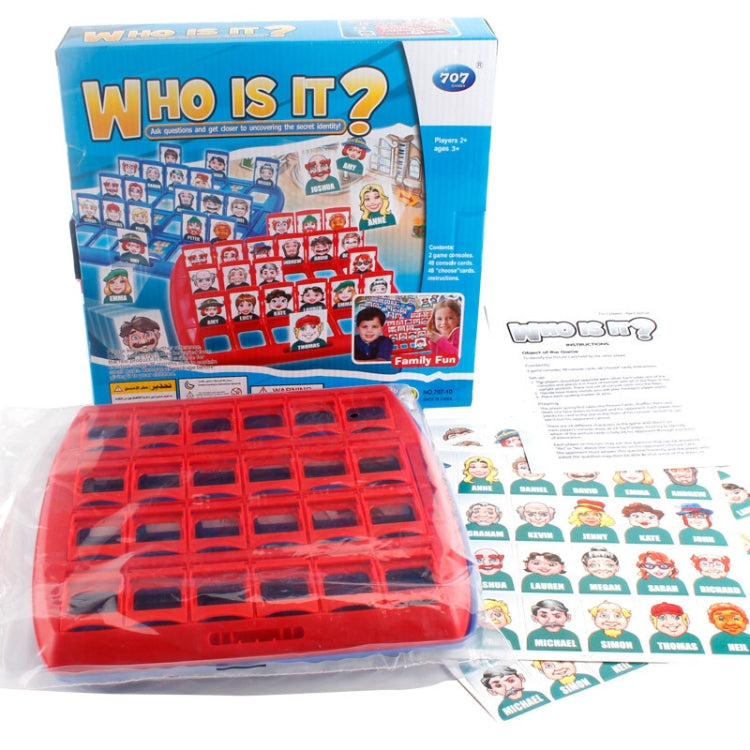 Guess board logic game set with red board, character cards, instruction sheet, and box