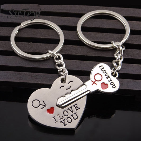 Fashion Heart Key Ring Silver Color Lovers Love Key Chain Valentine Day Gift 1 Pair Couple Keychain, Couple Keychain