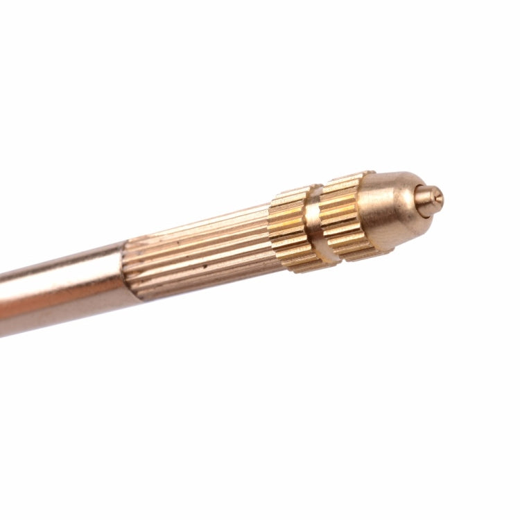 Metal crochet hook with gold ribbed collar and pointed tip