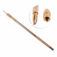 Crochet hook with gold head and latch needle point, inset shows threaded parts