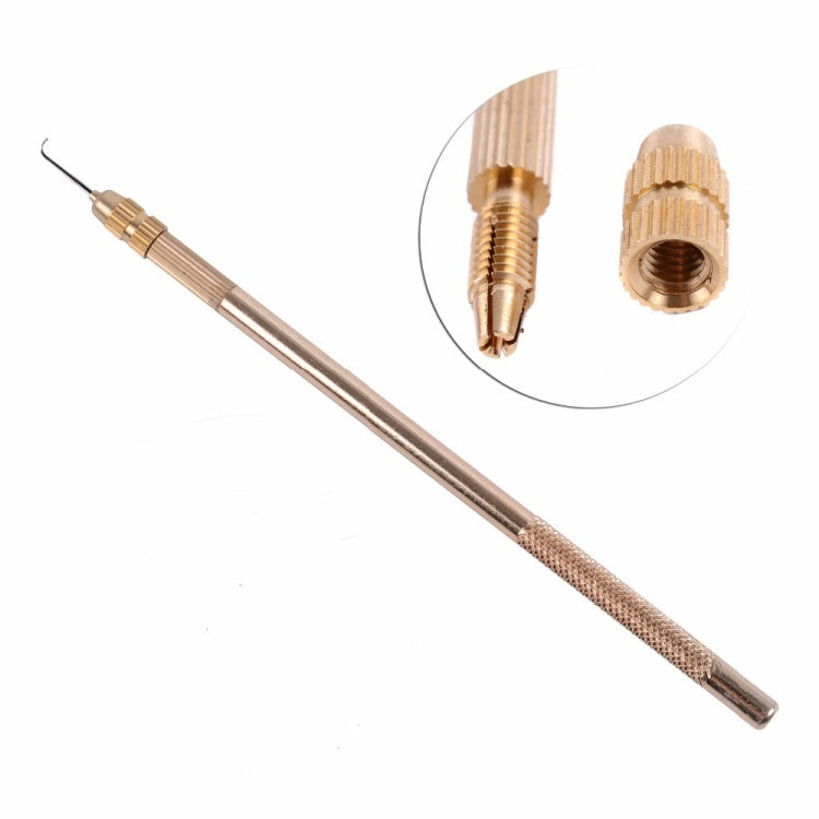 Crochet hook with gold head and latch needle point, inset shows threaded parts