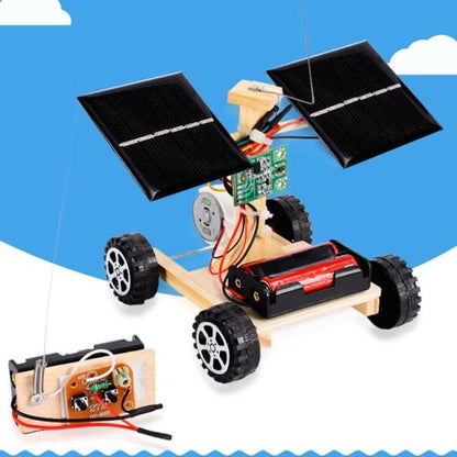 Mini wooden remote control car with solar panels and black chunky wheels