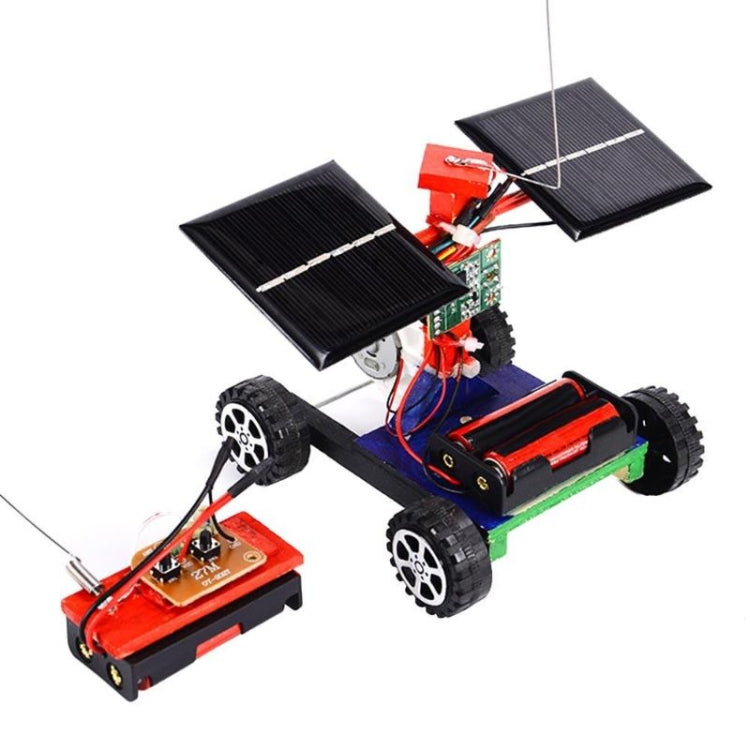 Mini wooden remote control car kit with red battery module and solar panels