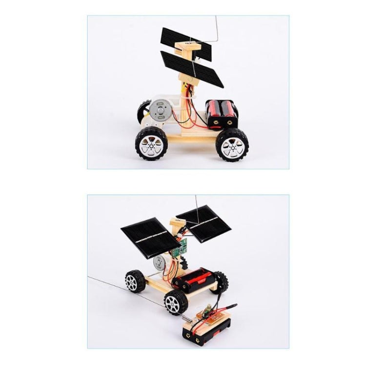 Mini wooden remote control car with solar panels, wheels, and mounted electronics