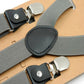 Bib pants anti-drop clips with gray webbing and black oval connector, Y-clip style