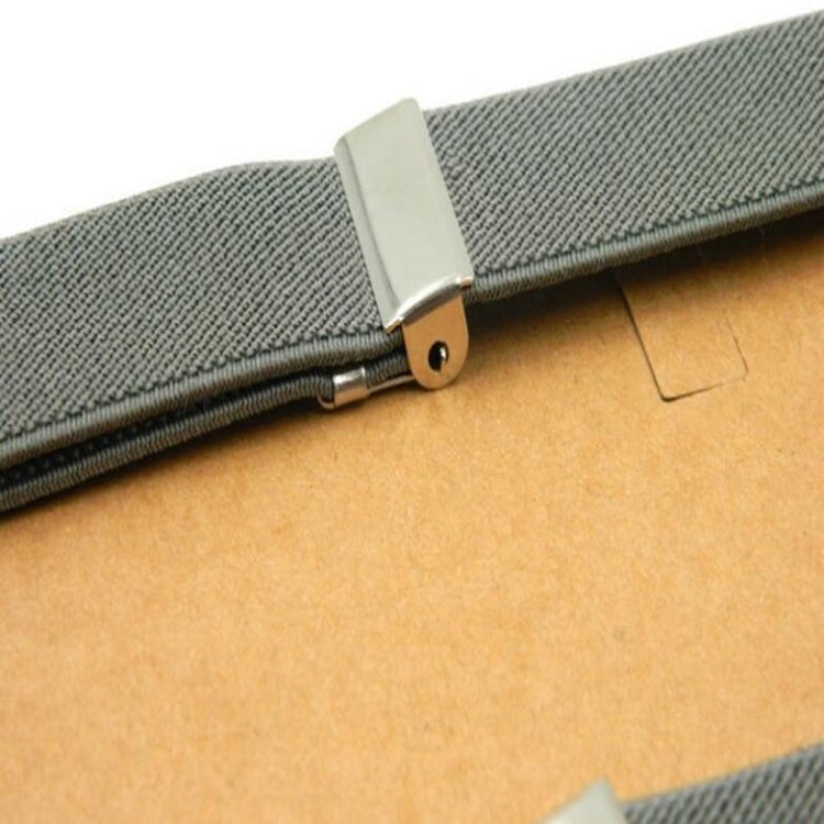 Gray shoulder strap clip with metal adjuster and snap fastener for bib pants