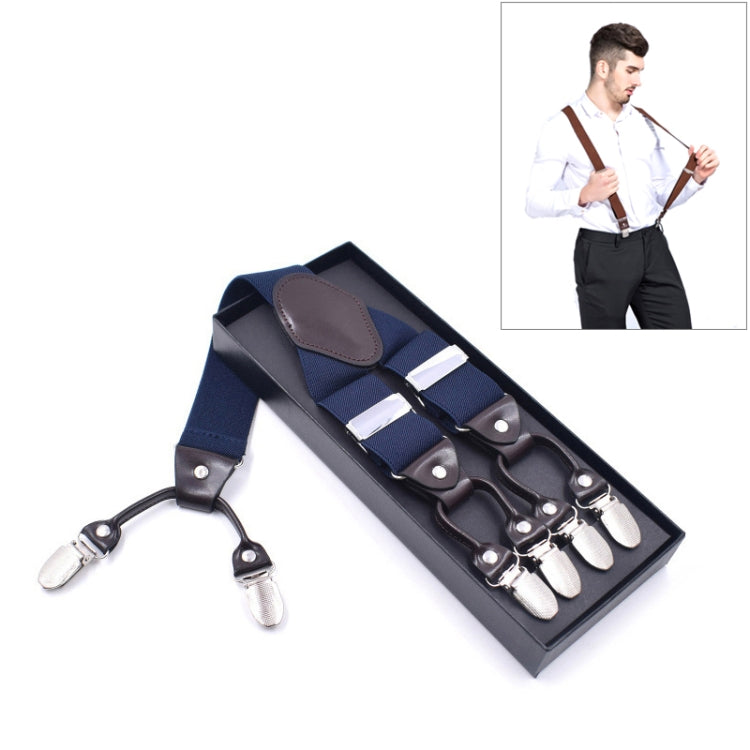 Adjustable trouser strap clip set with blue webbing and four metal clamp clips