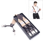 Adjustable trouser strap clip set with beige webbing and four metal clamp clips