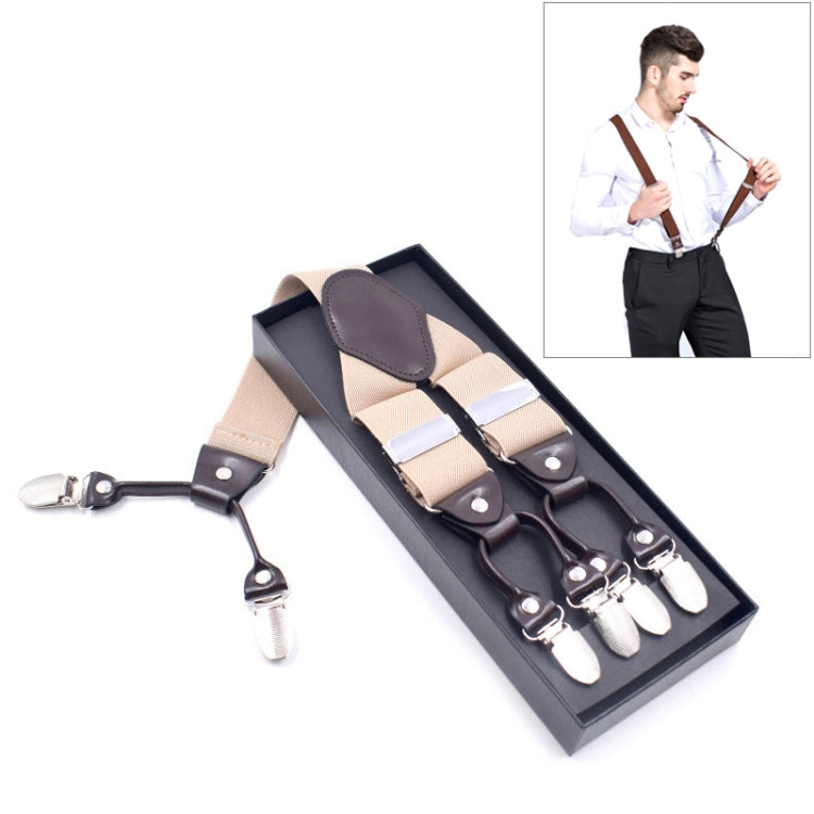 Adjustable trouser strap clip set with beige webbing and four metal clamp clips