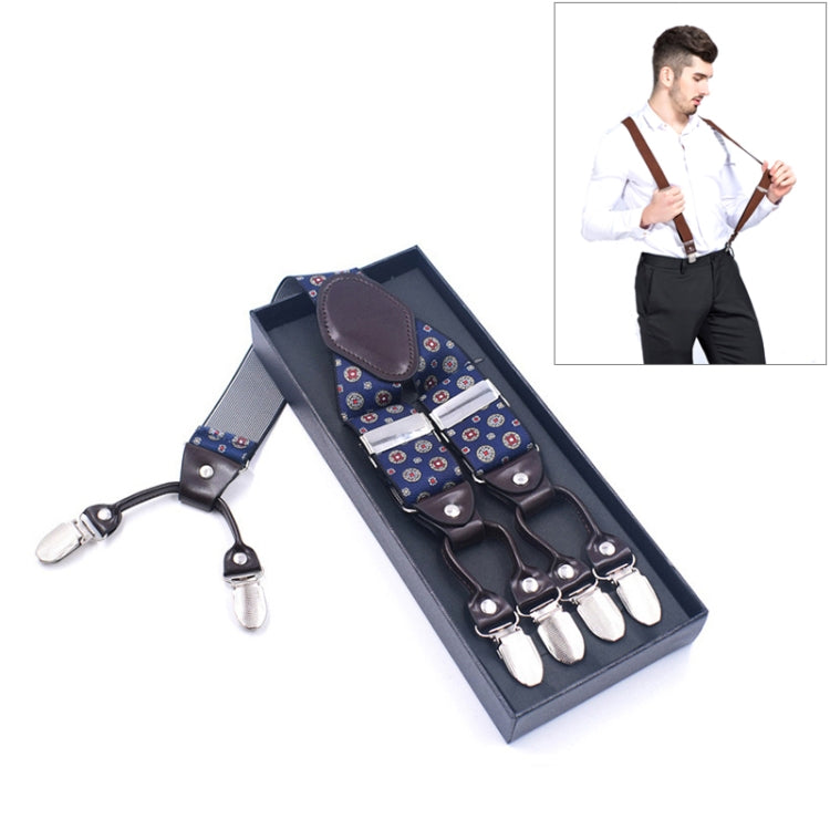 Adjustable 6-clips trouser strap set, patterned blue straps with metal clips