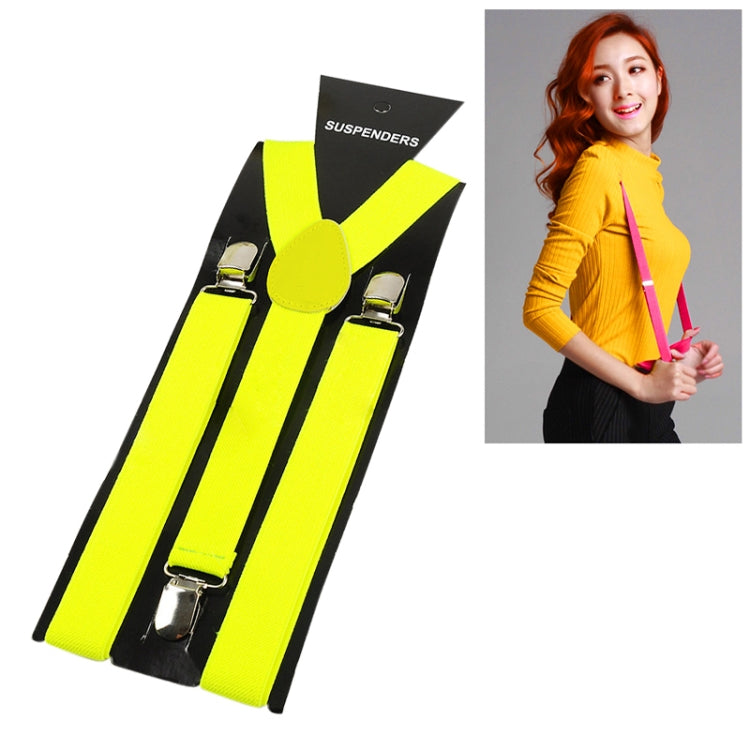 Neon yellow adjustable shoulder straps with metal clips and snap fasteners