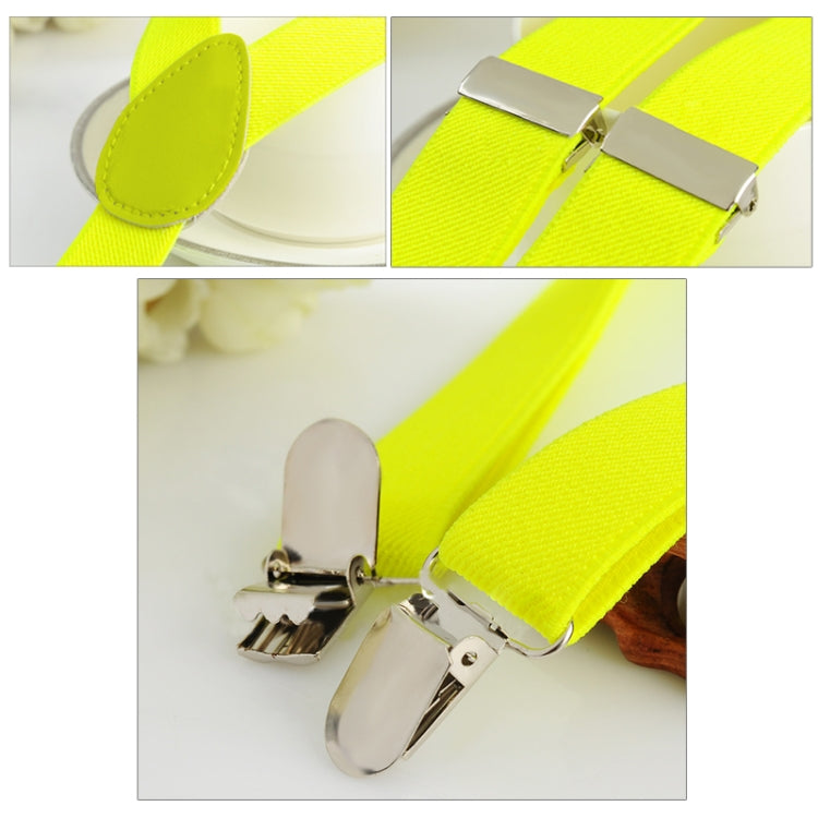 Neon yellow suspenders set with adjustable strap and silver metal clip details