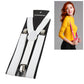 White and black adjustable suspenders with oval center patch and silver metal clips