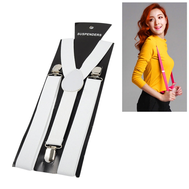White and black adjustable suspenders with oval center patch and silver metal clips